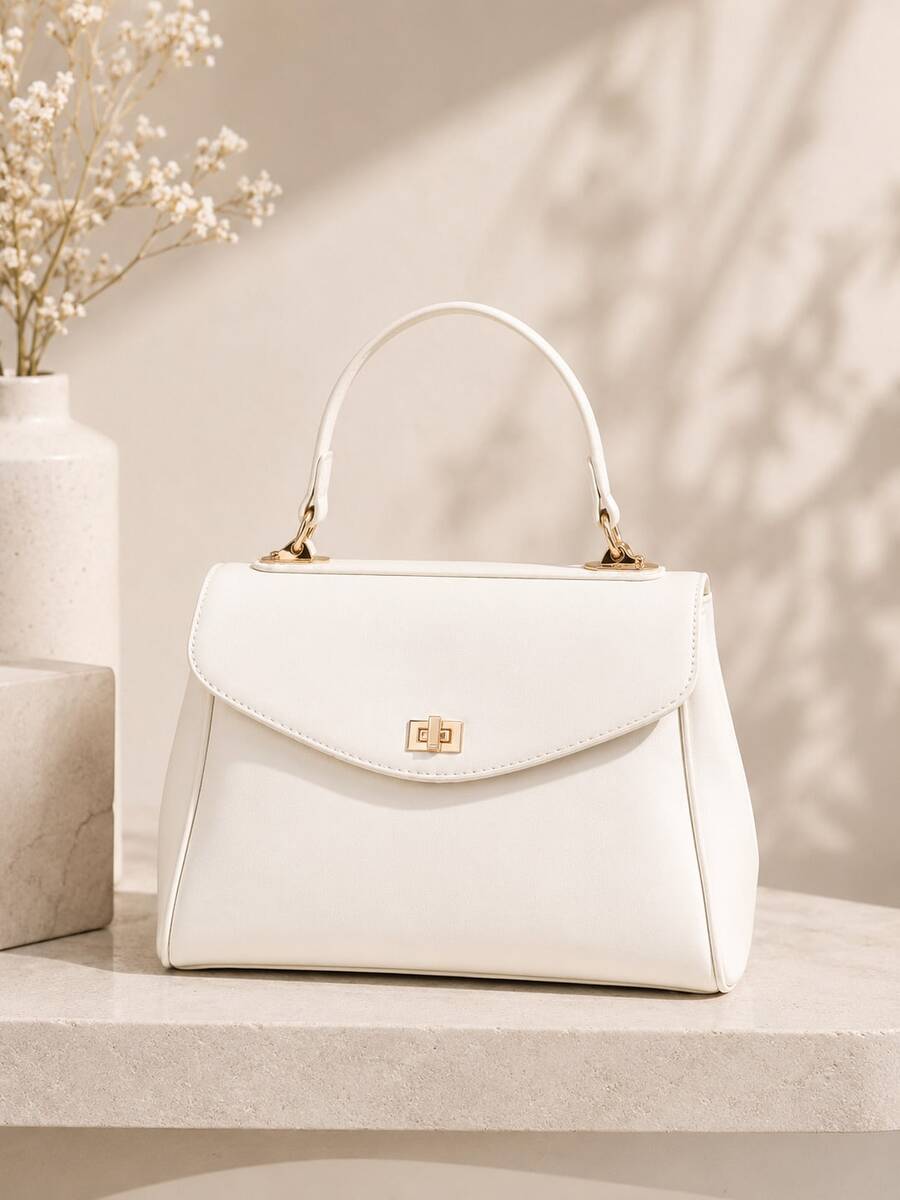 Mala de senhora elegante de cor lisa, fecho de aba com fecho, versátil para ombro e tiracolo, grande capacidade, aspeto sofisticado para deslocações diárias - Branco - Ver 1