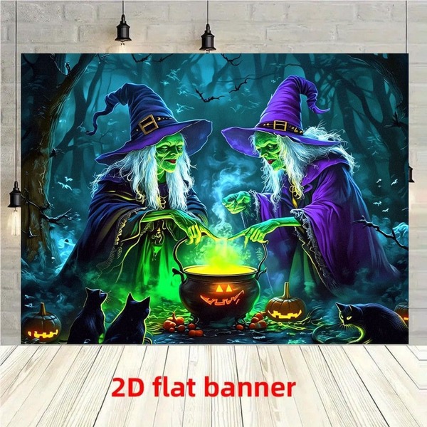 2D Flat Banner 1pc Forest Witch Halloween Backdrop, Halloween Witch Theme Party Magic Event Decorative Banner, Polyester Material