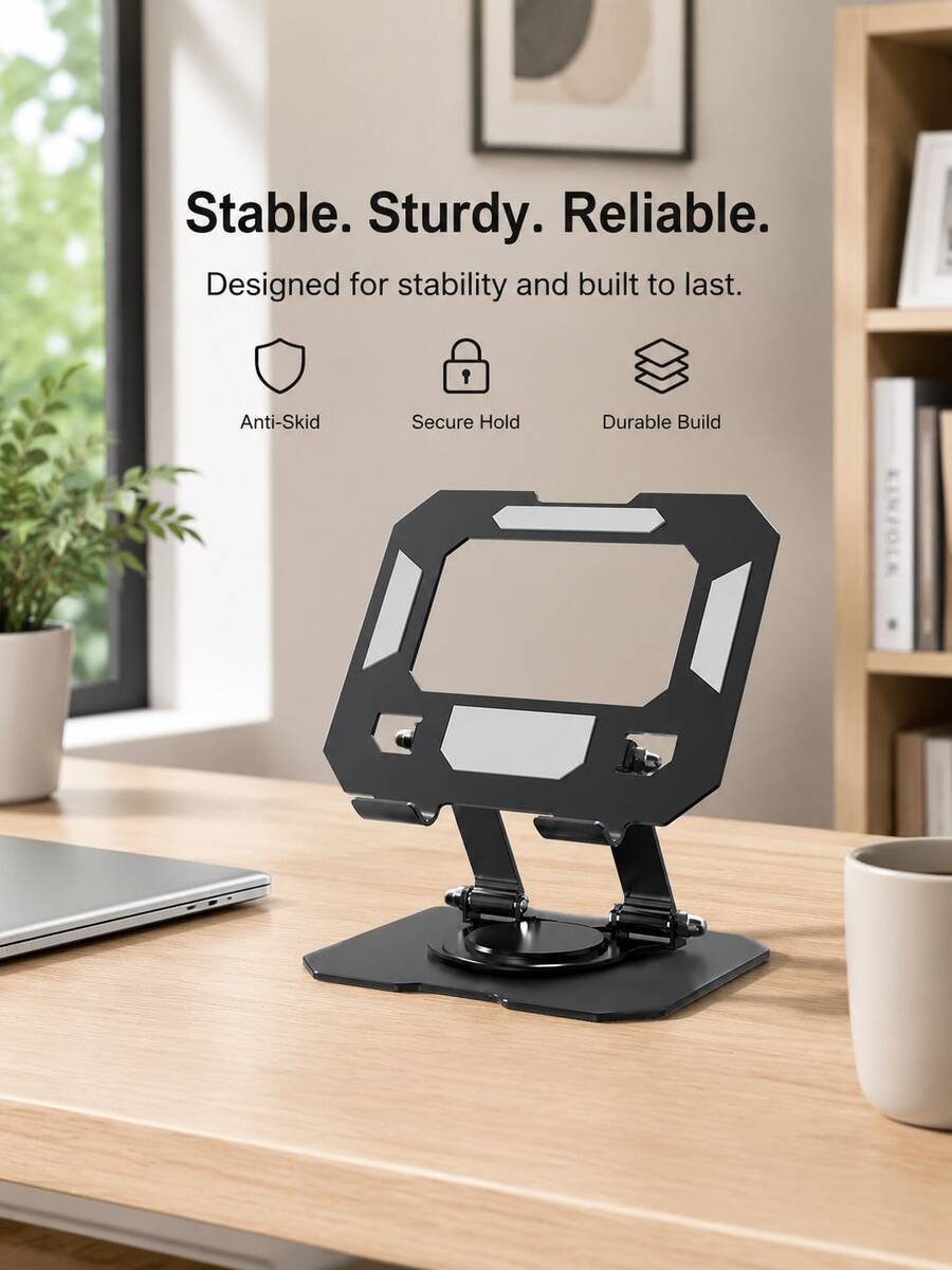 Soporte de metal para tableta de escritorio, soporte giratorio y plegable para transmisión en vivo, soporte para tableta con disipación de calor para personas con mala postura al aprender y ver - Negro mate - Ver 1