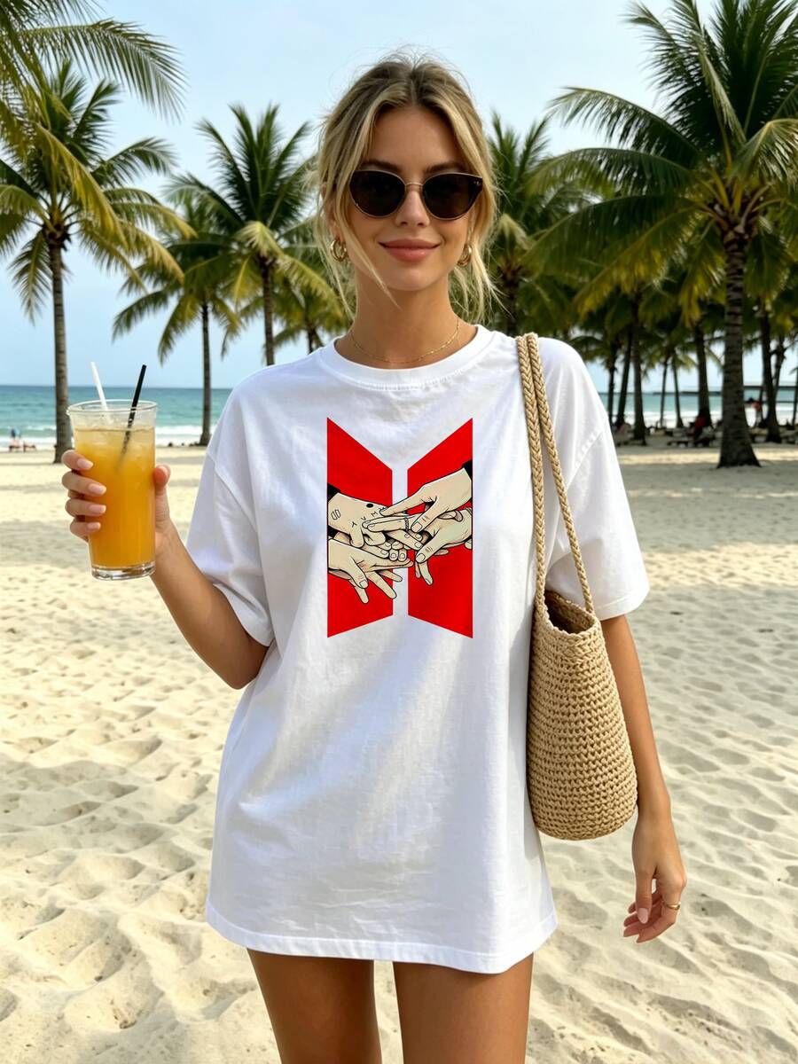 Abstract Gesture Graphic Print T-Shirt, Fan Symbol Aesthetic Regular Fit Tee, Creative Casual Top - 白色 - 查看 1