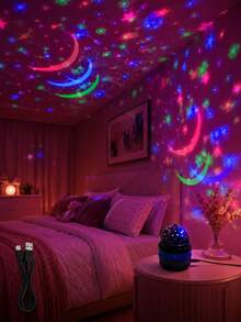 1pc [Room Decor Light] Colorful Star & Moon Projection Lamp, USB Powered, Suitable For Bedroom, Game Room, Party And Holiday Atmosphere - 彩色 - 查看 1