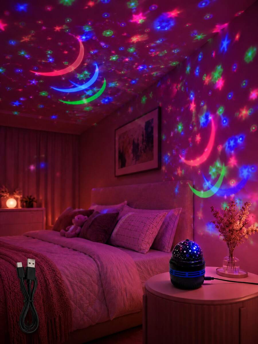 1pc [Room Decor Light] Colorful Star & Moon Projection Lamp, USB Powered, Suitable For Bedroom, Game Room, Party And Holiday Atmosphere - 彩色 - 查看 1
