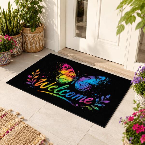1/2pcs Butterfly Welcome Pattern Doormat, Polyester Absorbent Mat, Kitchen Mat, Entrance Mat, Floor Mat, Suitable For Kitchen, Living Room, Entryway, Balcony, Home Decor, Stain Concealing, Coffee Shop, Bar, Party, Holiday Gift, Bedroom Mat, Foot Mat, Pet Mat, Bathroom Decor, Room Decor, Kitchen Decor