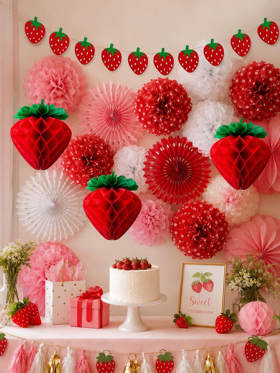 1 Set 22pcs Strawberry Theme Paper Party Decorations, Including Strawberry Hanging Decor And Backdrop, Suitable For Birthday Party, Holiday Celebration, Dessert Table And Summer Party Decoration - Strawberry Theme - View 1