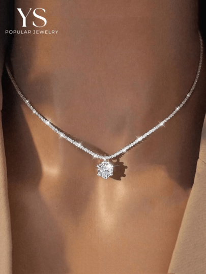 1 buc. Pandantiv mic de argint cu un singur diamant, lanț de claviculă cu blocare din cupru la modă, colier scurt de calitate superioară, accesoriu casual zilnic pentru femei