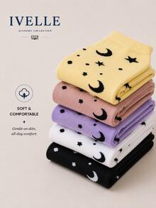 5 Pairs Of 5-Color Women's Preppy Short Socks, With Star And Moon Patterns. They Are Comfortable, Soft And Breathable, Suitable For Daily Wear. - Multicolor - View 4