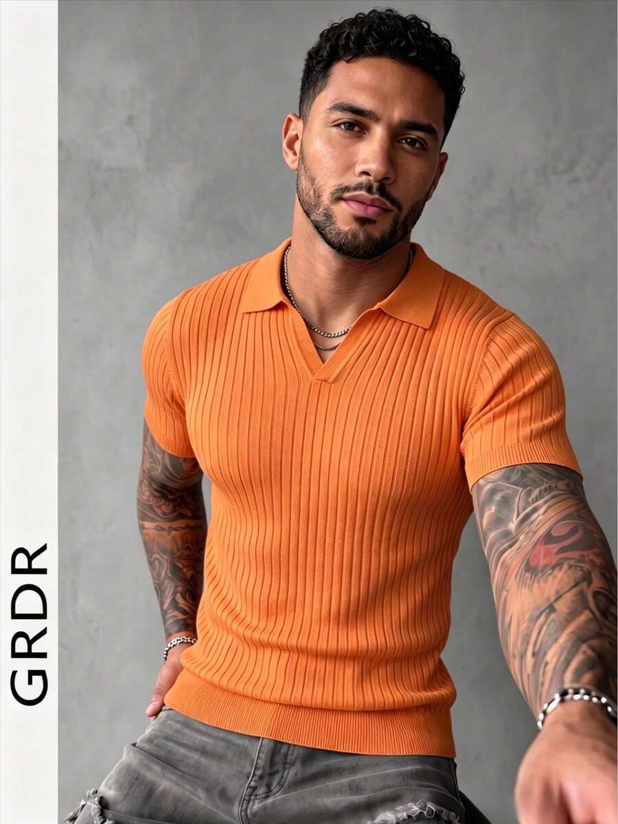 GRDR Men's Summer Airplane Collar Ribbed Solid Color Short Sleeve Knit Sweater, Suitable For Summer Outings, Essential For Fashionable Styling