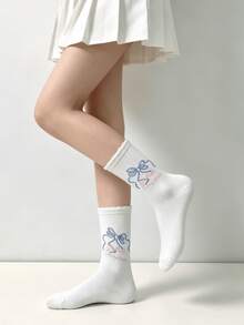 1/4 Pair Spring/Summer Blue & White Sweet Bow Lace Comfortable Mid-Calf Socks - Multicolor - View 9