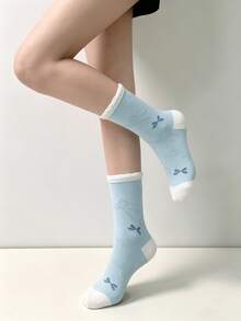 1/4 Pair Spring/Summer Blue & White Sweet Bow Lace Comfortable Mid-Calf Socks - Multicolor - View 2