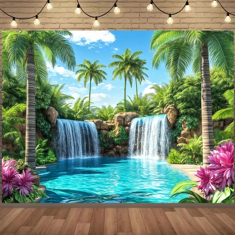 1pc Tropical Coconut Grove Waterfall Water Scene Backdrop, Double Layered Mountain Spring Emerald Pond Palm Tree Pattern, Suitable For Summer Party, Indoor/Outdoor Background Decoration, Room, Garden And Summer Celebration