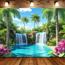 1pc Tropical Coconut Grove Waterfall Water Scene Backdrop, Double Layered Mountain Spring Emerald Pond Palm Tree Pattern, Suitable For Summer Party, Indoor/Outdoor Background Decoration, Room, Garden And Summer Celebration - A - View 7