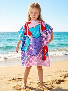 1pc Kids Beach Towel, Unisex Mermaid Hooded Bath Towel, 3-6 Years Old Toddler Pool Towel - Multicolor - View 8