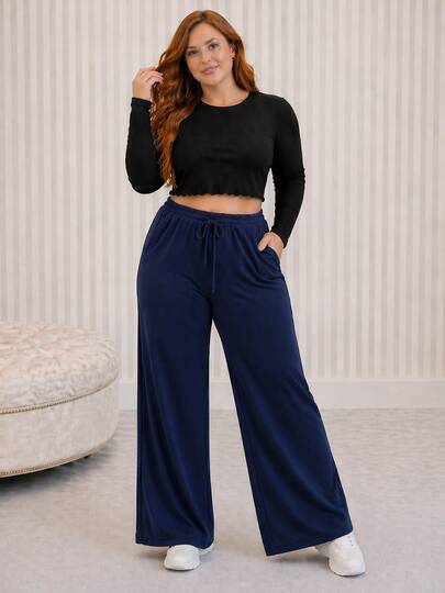 Calça Feminina Lãzinha Plus Size G1/G2/G3/G4 Confortável Wide Leg Soltinha Cintura Alta Casual Dia a Dia