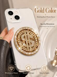 1 pieza Pegatina decorativa de aleación con strass para la parte trasera de la funda del teléfono, encanto giratorio redondo de color oro/plata para la parte trasera del teléfono, accesorio DIY para funda de teléfono con decoración de strass en forma de signo de dólar, adecuado para la mayoría de las fundas de teléfono, fundas de teléfono transparentes, decoración de la parte trasera del teléfono y combinación personalizada diaria - Multicolor - Ver 4
