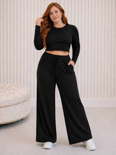 Calça Feminina Lãzinha Plus Size G1/G2/G3/G4 Confortável Wide Leg Soltinha Cintura Alta Casual Dia a Dia