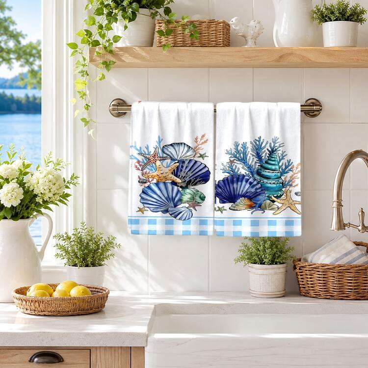 2/4/6pcs Set, Dish Towel, Shell And Starfish Pattern Printed Towels, Kitchen Cooking And Baking Tea Towels, Dishcloth, Cleaning Towels, Hand Towels, Tea Towels, Super Soft And Highly Absorbent, Kitchen Decor, Kitchen Accessories, Daily Necessities, Life Essentials. - Multicolor - View 2