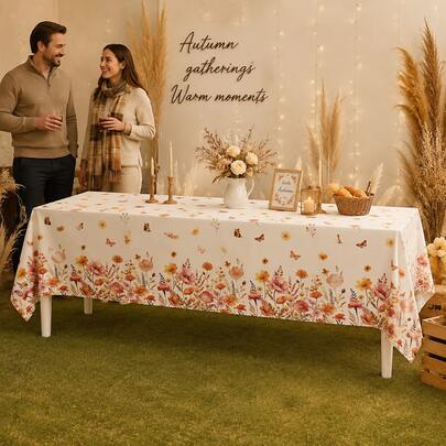 1/3PCS Fall Wildflower Disposable Tablecloth, Watercolor Orange Yellow Autumn Floral Butterfly Print Rectangular Plastic Table Cover, Boho Rustic Table Cloth For Thanksgiving, Autumn Wedding Shower, Harvest Party Decor Supplies
