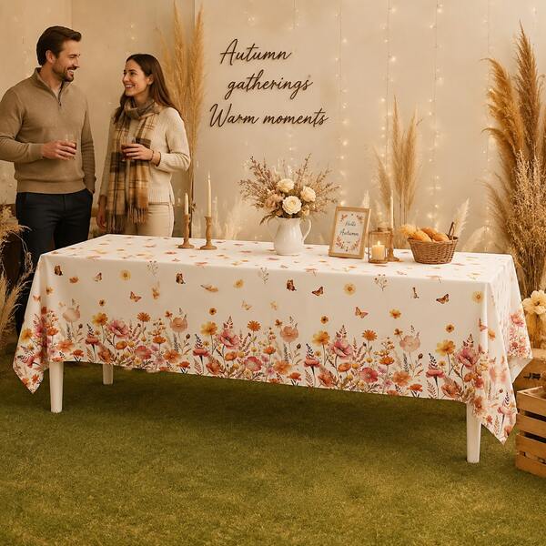 1/3PCS Fall Wildflower Disposable Tablecloth, Watercolor Orange Yellow Autumn Floral Butterfly Print Rectangular Plastic Table Cover, Boho Rustic Table Cloth For Thanksgiving, Autumn Wedding Shower, Harvest Party Decor Supplies