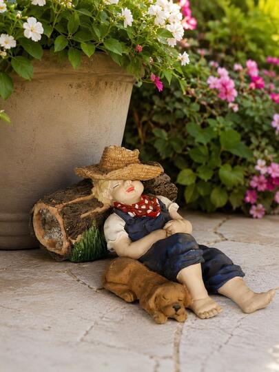 Sleeping Boy With Dog Lawn Ornament, Outdoor Yard Landscape Decor, Garden Path Greenery Display Accent, Relaxed Figure Decor For Patio Backyard Micro Landscape Home Yard Decor Gift