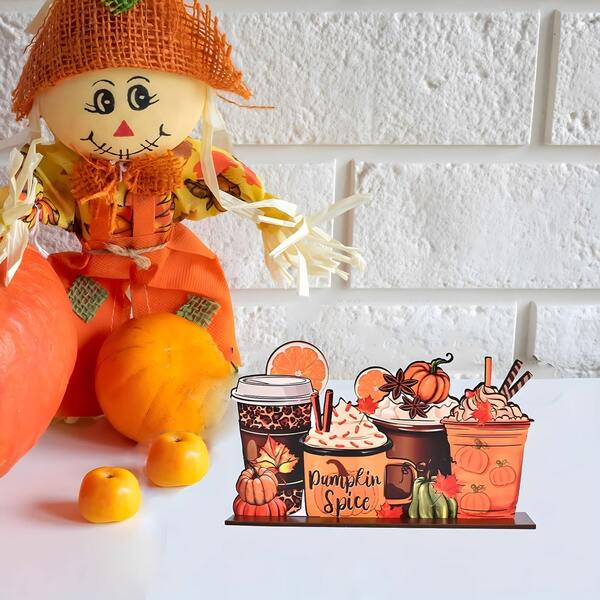 Enseigne suspendue en bois pour bureau - Design de tasse avec citrouille et feuille d'érable, convient pour la décoration d'Halloween et de Thanksgiving, accents saisonniers pour le bureau et la maison, artisanat fait main,
