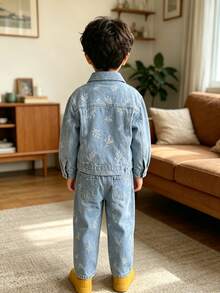 男童幼兒秋季牛仔夾克與長褲2件套，適合日常、學校、戶外、休閒穿著 - 淺藍色 - 查看 3