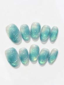 10pcs Pure Handmade Press On Nails, Fresh Minimalist Ocean Style, Translucent Turquoise Gradient, Shimmer Cat Eye & Textured Thread Patterns For Women And Girls, Spring Summer Fall Winter Festivals Party And Daily Life Use - Mint Blue - View 1