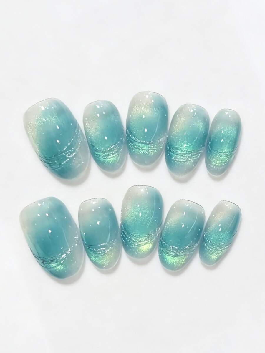 10pcs Pure Handmade Press On Nails, Fresh Minimalist Ocean Style, Translucent Turquoise Gradient, Shimmer Cat Eye & Textured Thread Patterns For Women And Girls, Spring Summer Fall Winter Festivals Party And Daily Life Use - Mint Blue - View 1