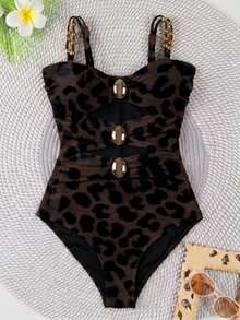 Baju Renang One-Piece Polovedo Resmi dengan Blok Warna Putih dan Cokelat, Baju Renang Elegan yang Cocok untuk Liburan Pantai dan Pesta Musim Panas - MultiWarna - View 2