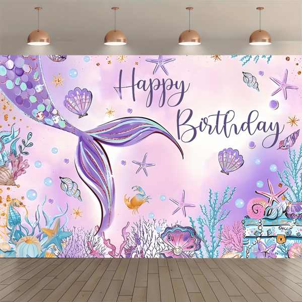 1 Stück Fantasy Lila Meerjungfrau Geburtstagsbanner, Polyester Material, geeignet für Hochzeiten, Ozean Meerjungfrau Geburtstagsfeiern, Freundestreffen, Innen-/Außendekoration, Zuhause, Garten, Hofdekoration, allgemeines Thema