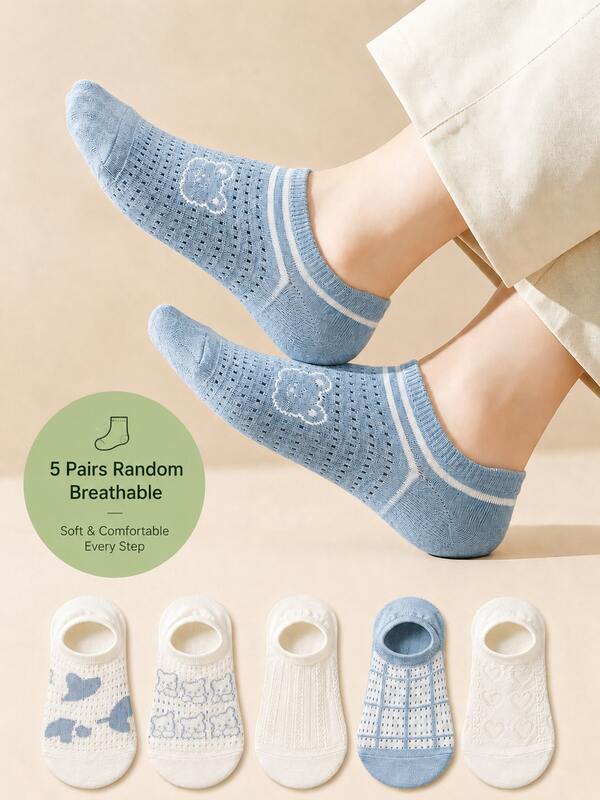 5 pares de calcetines invisibles con diseño de oso lindo en blanco y azul aleatorio, estilo dulce de campus, regalo para fiesta, casual y trabajo