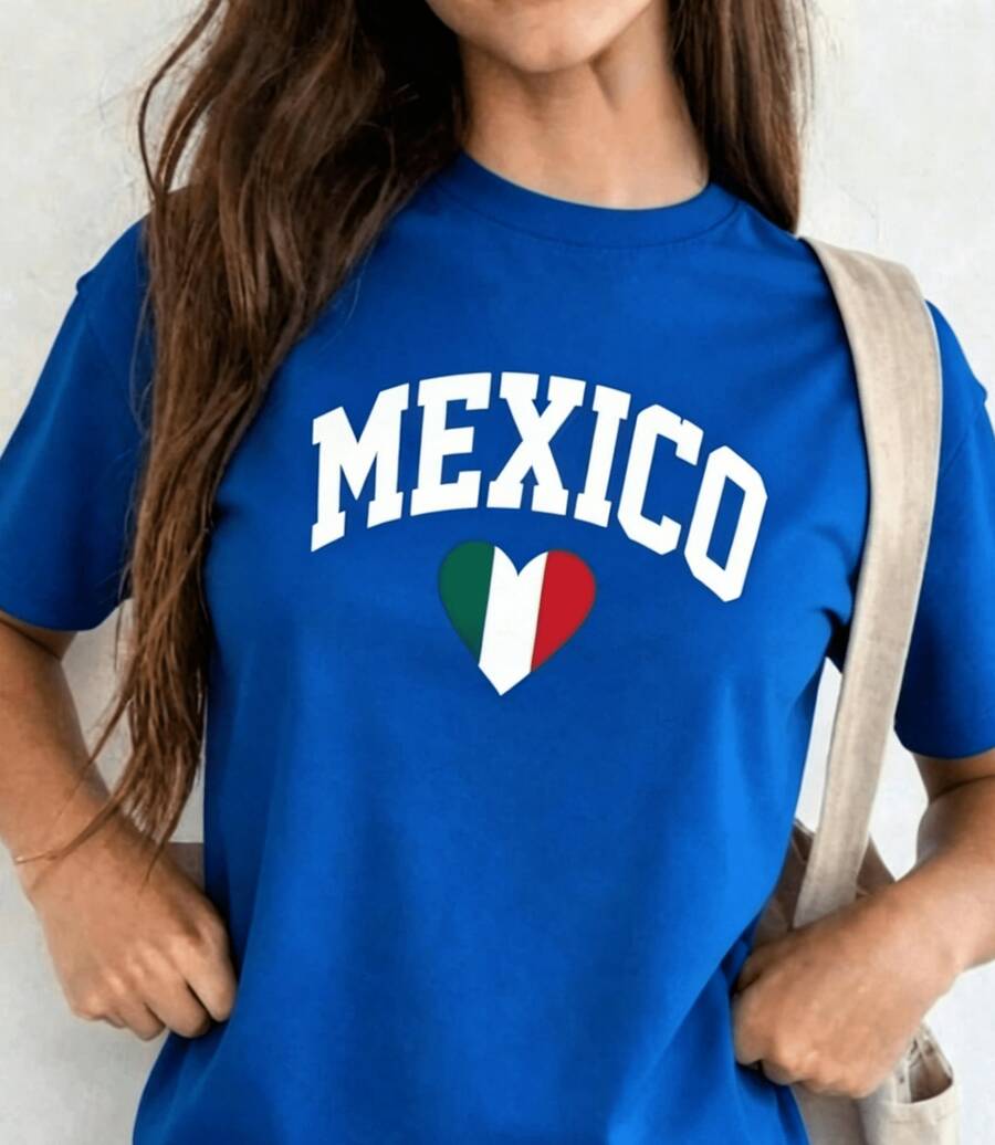 Women's Casual T-Shirt, Round Neck, Short Sleeve, MEXICO Print, Made In Mexico, Unisex Loose Fit Cotton T-Shirt With Short Sleeves And Round Neck, Vintage Urban Style - 藍色 - 查看 1
