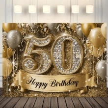 1件 50歲生日派對背景布幔－聚酯纖維材質，黑金亮片氣球設計，適用於50週年慶祝－多功能攝影背景，室內外裝飾 - A - 查看 5