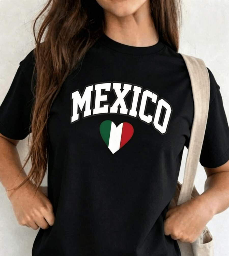 Women's Casual T-Shirt, Round Neck, Short Sleeve, MEXICO Print, Made In Mexico, Unisex Loose Fit Cotton T-Shirt With Short Sleeves And Round Neck, Vintage Urban Style - 黑色 - 查看 1