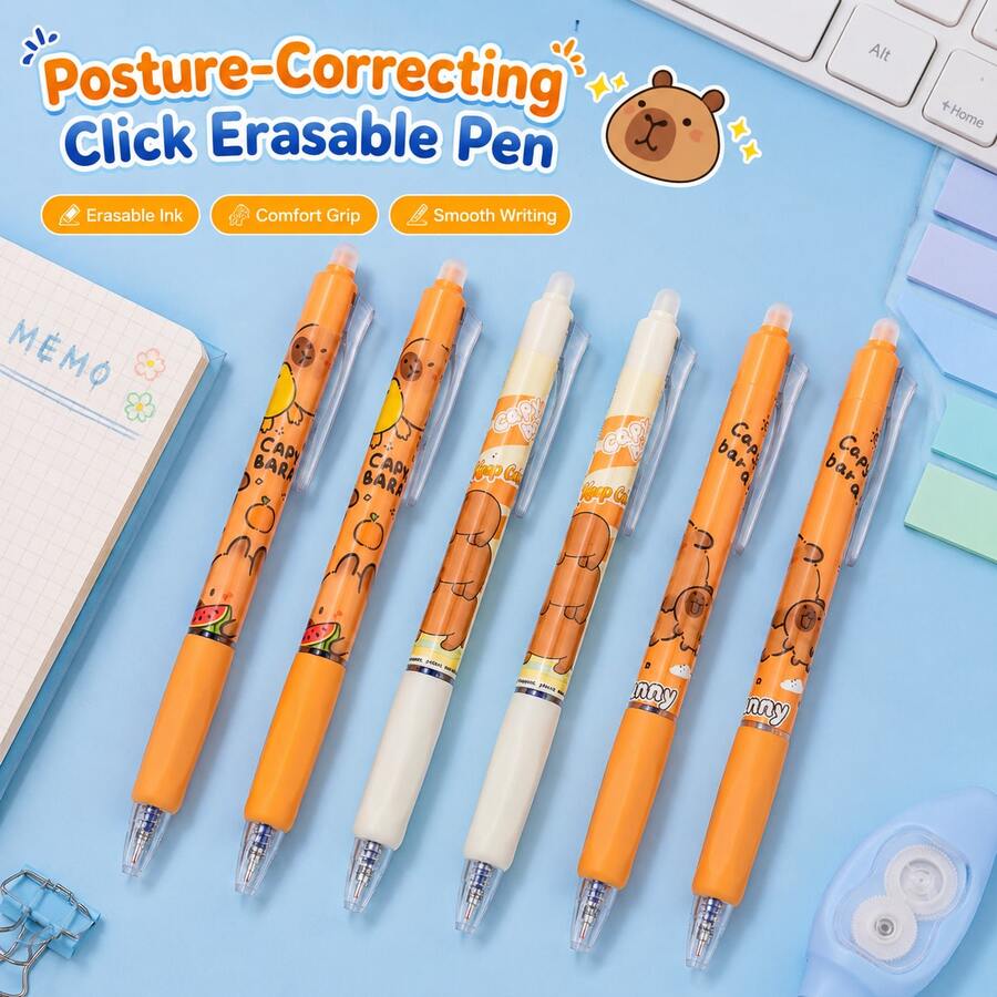 Stylos gel effaçables mignons en forme de capybara, 0,5 mm, rétractables, encre bleue, pour l'école et le bureau. Écriture fluide, séchage rapide, fournitures essentielles pour la rentrée scolaire - Multicolore - Voir 1