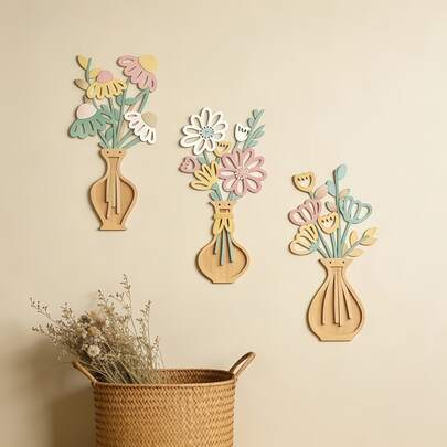 3pcs/Set - 2D Flat Country Cottage Style Wooden Floral Wall Decor, Featuring Indoor Home Decor Floral Carving, Made Of Durable Wood, Showcasing Woodworking Craftsmanship, Designed For Home Decor Designers