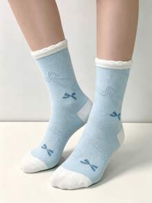 1/4 Pair Spring/Summer Blue & White Sweet Bow Lace Comfortable Mid-Calf Socks - Multicolor - View 1