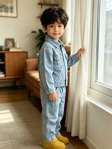 男童幼兒秋季牛仔夾克與長褲2件套，適合日常、學校、戶外、休閒穿著 - 淺藍色 - 查看 4