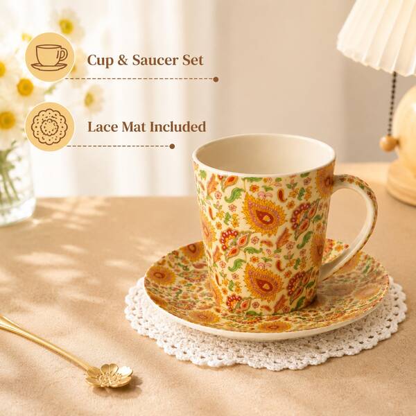 WGROOM 3pcs(1 Cup & Saucer 1 Coaster 1 Spoon) Ceramic Coffee Cup & Saucer, Home Kitchen Restaurant Living Room Gift Drinking Cup Tea Cup Cold Drink Cup Insulated Mug Coffee Cup & Saucer Suitable For Tea Coffee Milk Fruit Juice Wedding Party Gift Birthday