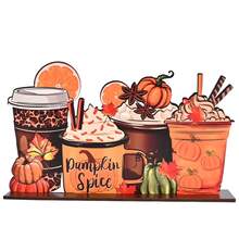 Autumn Harvest Wooden Desktop Hanging Sign - Pumpkin & Maple Leaf Cup Design, Suitable For Halloween And Thanksgiving Decor, Office & Home Seasonal Accents, Handmade Craft, - 1PC - View 3