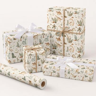 5m Rolo de Papel Revestido com Padrão de Desenho Animado de Dinossauro em um Lado, Papel de Embrulho de Presente Espesso de 43cm*500cm, Adequado para Presentes de Aniversário Infantis, Festas de Comemoração de Bebês, Uso em Feriados
