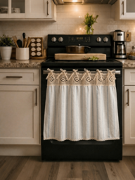 Bubaba Cortina de encaje de ganchillo vintage para horno - Cubierta de polvo para horno estilo bohemio de granja/Cortina de decoración de cocina, Cortina de puerta de horno estilo granja con lazo de encaje, Poliéster texturizado semitransparente para decoración de cocina, Cortina decorativa para asa de horno, 30 X 21.3 pulgadas