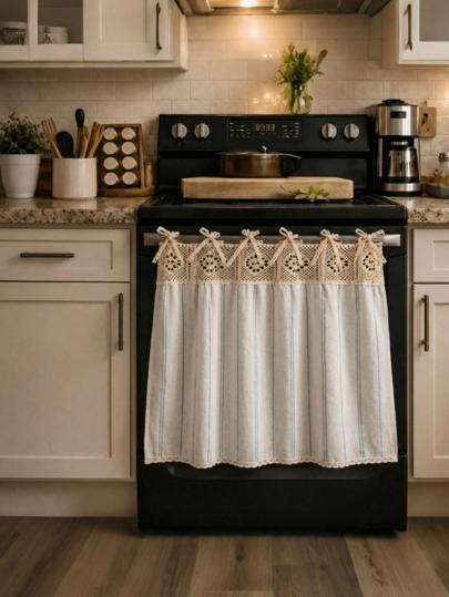 Bubaba Vintage Crochet Lace Oven Curtain - Bohemian Farmhouse Style Oven Dust Cover/Kitchen Decor Curtain, Farmhouse Style Oven Door Curtain With Lace Tie, Semi-Transparent Textured Polyester Kitchen Decor, Decorative Oven Handle Cover Curtain, 30 X 21.3 Inches