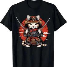 Camiseta con estampado de gato samurái japonés para mujer, ropa informal fresca de calle con estampado de gato NinjaS Kawaii, Top - Negro - Ver 1