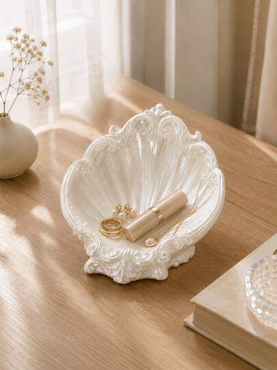 1 pieza Bandeja de joyería de concha blanca perlada, elegante plato de almacenamiento de tocador vintage, organizador de escritorio decorativo, adecuado para anillos, aretes, collares, pulseras, perlas y accesorios pequeños, decoración de habitación, almacenamiento de joyas, estante de joyas, regalo para mujeres