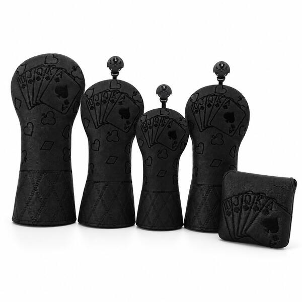 Juego de fundas de lujo para palos de golf en color negro con diseño de cartas de póker, fundas para driver, fairway, híbrido y putter, protectores de palos de golf de cuero sintético premium