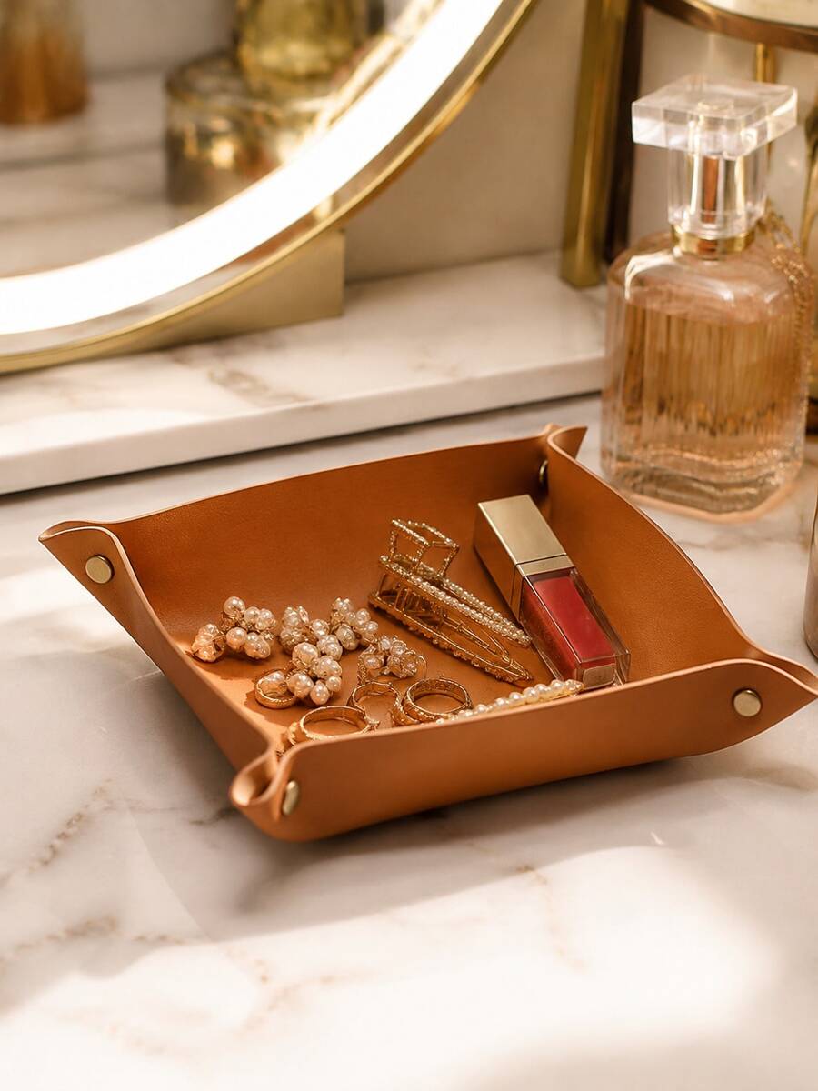 Snap-Button Foldable PU Leather Storage Tray, Desktop Organizer For Keys, Coins, Jewelry And Small Items - Multicolor - View 1