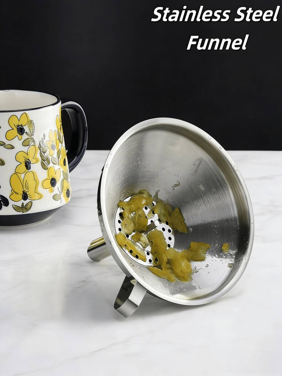 1 pieza Embudo de acero inoxidable, gran diámetro para cocina, filtración de aceite, pantalla de filtro, cuchara de filtración