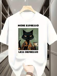 Nave locale. Spedizioni  Germania, Italia, Francia, Spagna, Polonia |   Maglietta da uomo |   Maglietta con stampa di gatto che beve caffè 'Più Espresso Meno ', gatto nero in kimono che beve caffè espresso, top bianco versatile. Perfetto - A - Visualizzare 1