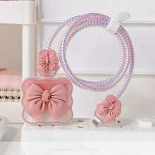 Cute Pink Bowknot Decorated Data Cable Protector, Compatible With Apple 18/20W Charger Protective Case, Data Cable Protector Bite Device - Pink - View 1