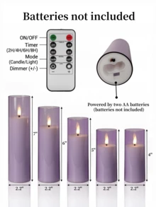 2件/3件/5件 無焰蠟燭，附遙控器、電池供電、定時功能，浪漫 LED 電子蠟燭，裝飾蠟燭，無煙電子 LED 蠟燭，適用於婚禮、壁爐、居家、臥室、求婚、萬聖節、公司派對、家居裝飾、蠟燭暖爐、仿真蠟燭，禮物（薰衣草色，直徑 2.2 英吋，高 4 英吋/5 英吋/6 英吋/7 英吋） - 淡紫色 - 查看 6